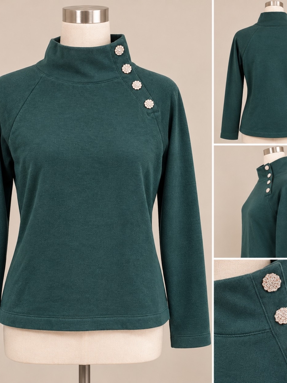 J.Crew Jeweled Button Mock Neck Pullover Sweatshirt Green XS NWT
